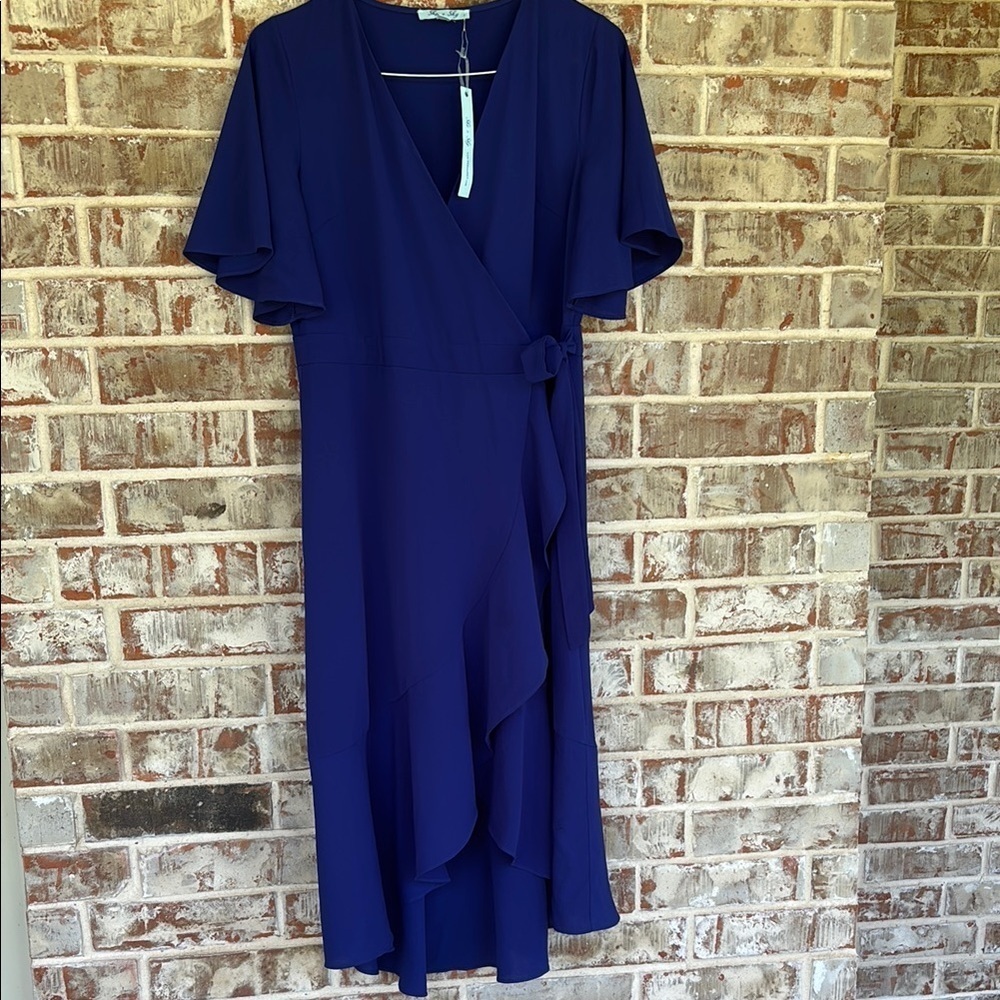 She + Sky Royal‎ Blue Flutter Sleeve Midi Wrap Dress